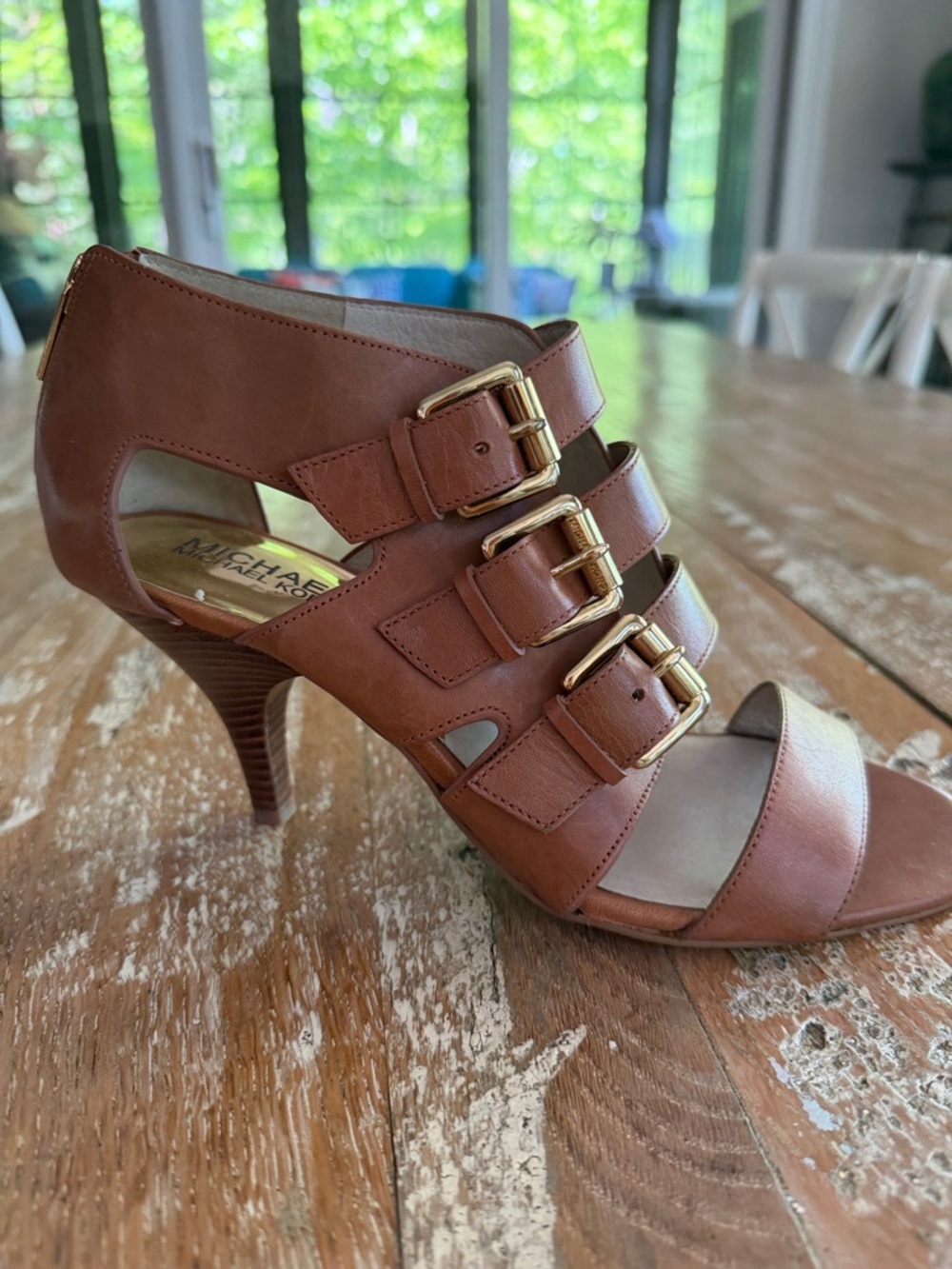 Michael Kors Viola Leather Buckle Cutout Heels